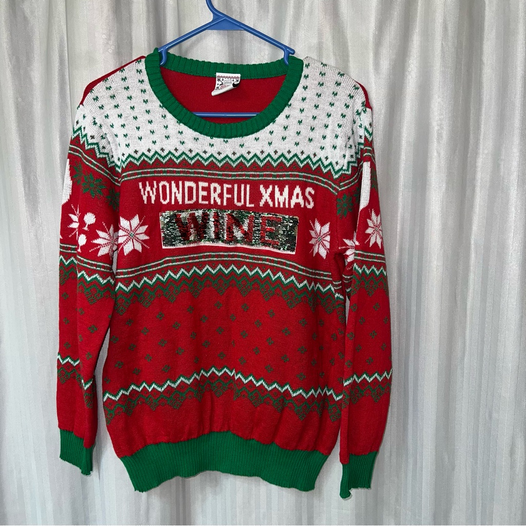 Wonderful Xmas Time/ Wine Reversible Sequins Christmas Sweater Size Large